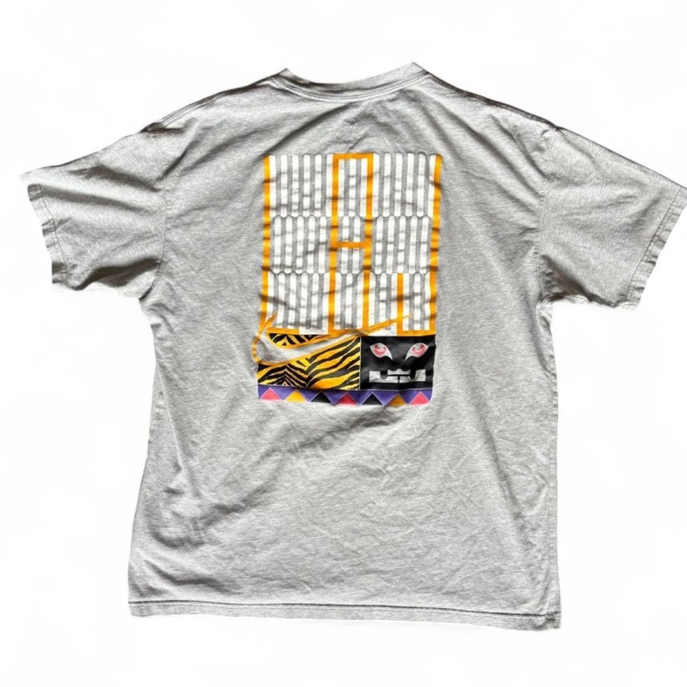 Nike LeBron James loose fit t-shirt grey multi-color "LBJ Tiger Stripe" graphic